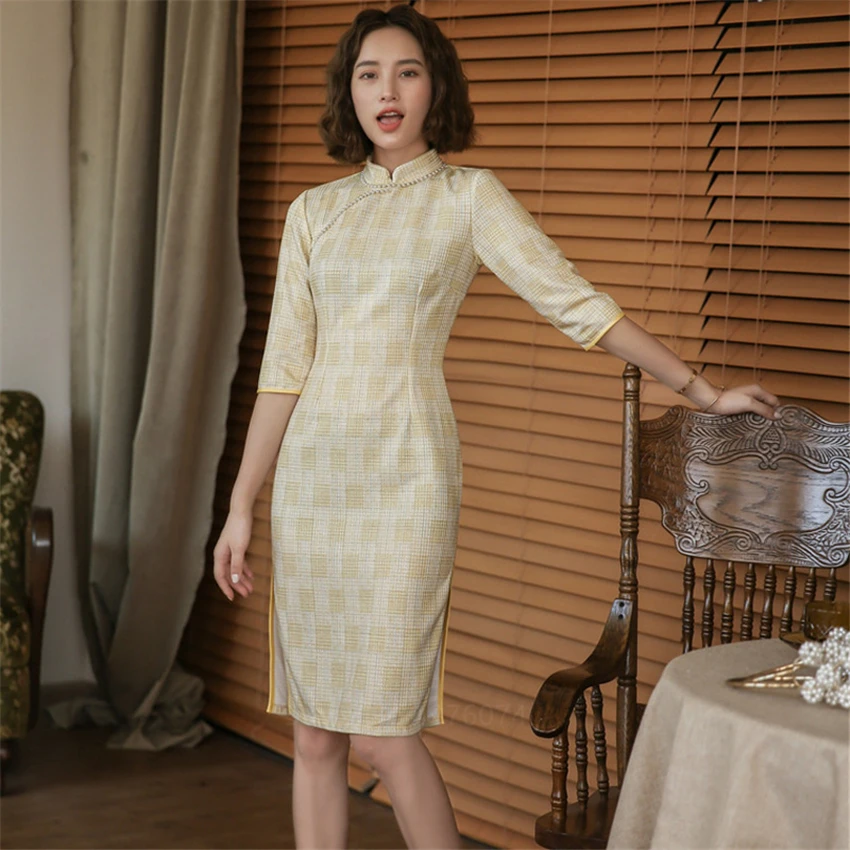 

Traditional Chinese Style Cheongsam Women Vintage Elegant Slim Qipao Vestidos Fashion Casual Festival Wedding Party Short Dress
