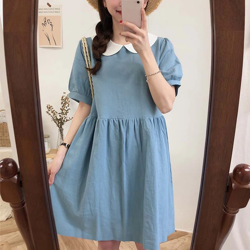 

2021 New Summer Women Dresses High Waist Casual Peter Pan Collar Fashionable Sweet Cotton and Linen Pleated Mini Dress