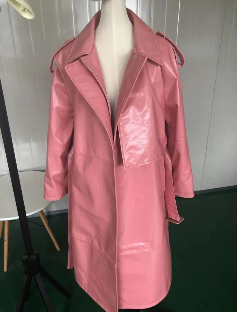 Длинное пальто для весны и осени новинка 2022 куртка из натуральной кожи розового
