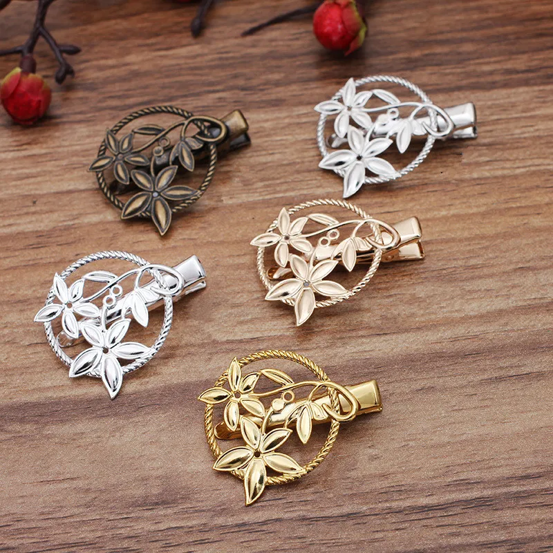 

10 PCS 28mm Metal Brass Filigree Flowers Hair Clips Settings DIY Hair Accessories Duckbill Clip For Jewelry Making