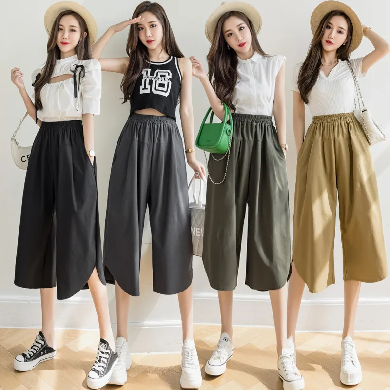 

Limiguyue Thin Straight Pants Women Summer Chic Wide Leg Cropped Trousers Loose Casual Pantalones Elastic High Waist Pants K2327
