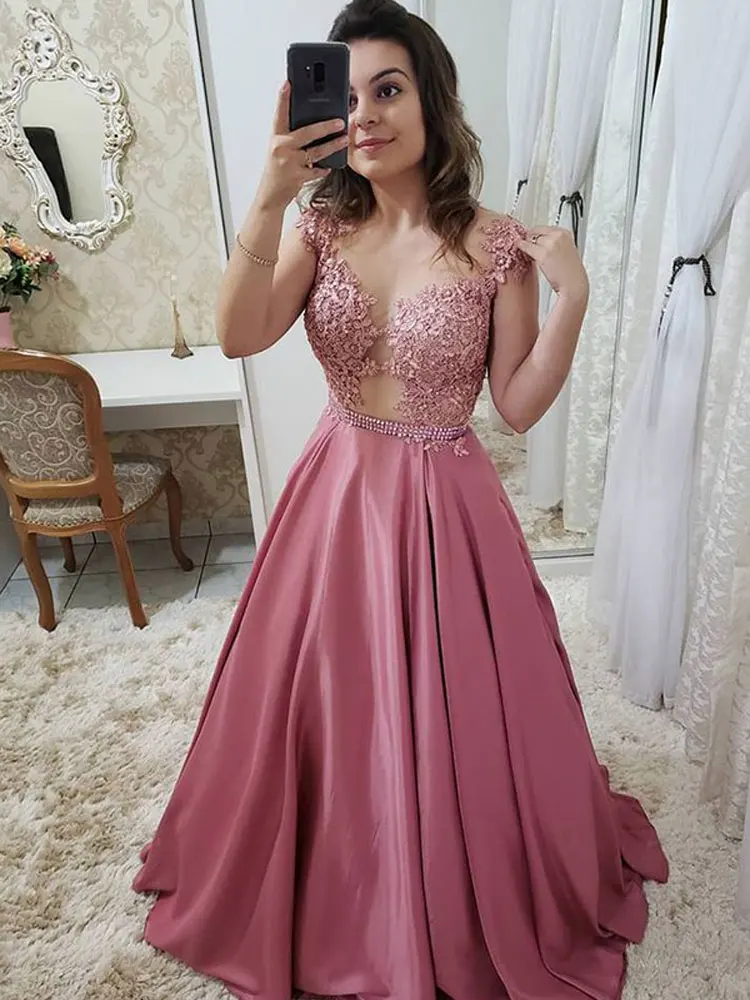 

Pink Applique Party Gowns Jewel Sweep/Brush Floor length Evening Dresses Sleeveless Draped Exquisite Fashion Party Dresses