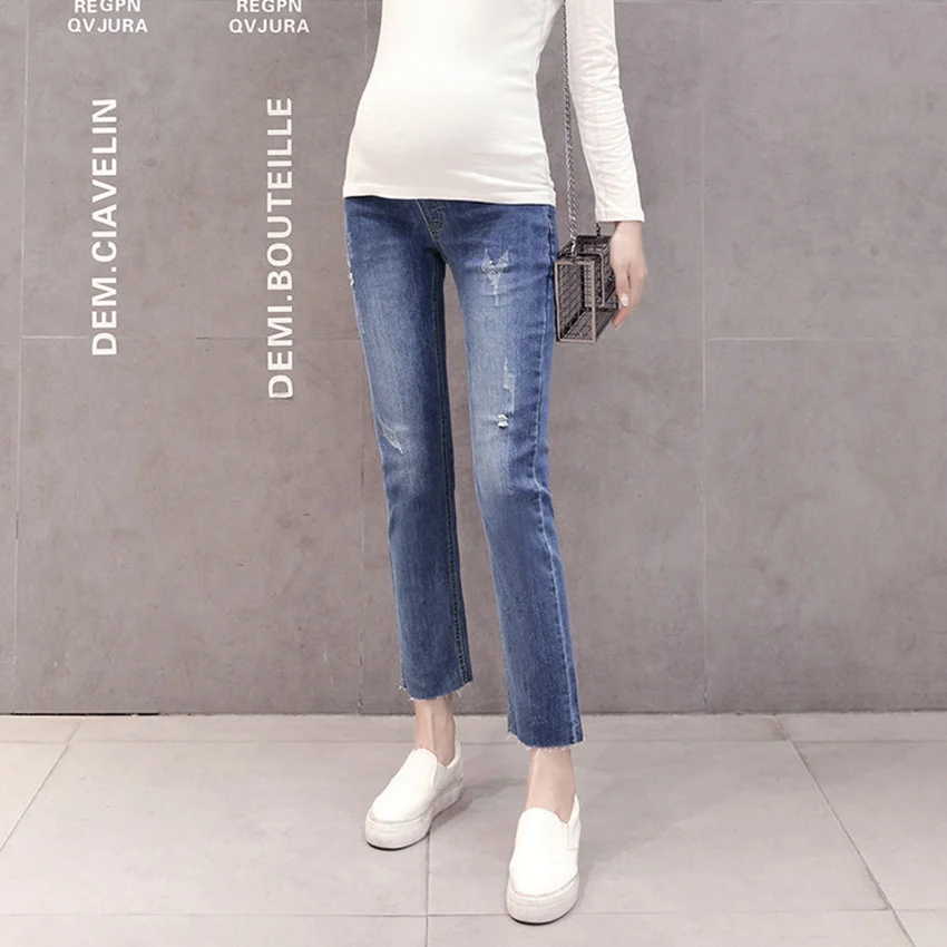 Джинсы для беременных женщин с эффектом потертости узкие прямые брюки дырками