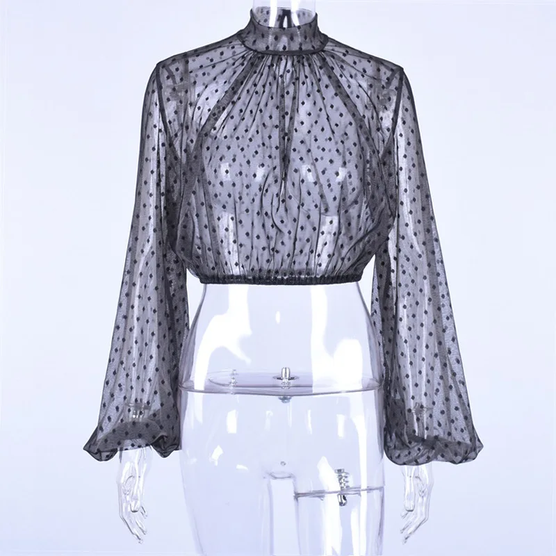 Женская прозрачная Сетчатая футболка с длинным рукавом пышными рукавами