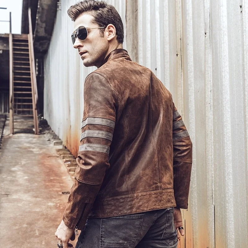 

Motorcycle Autumn Winter Mens Real Pigskin Leather Short Jackets Fashion Zipper Stand Collar Male Casual Slim Jackets Plus Size