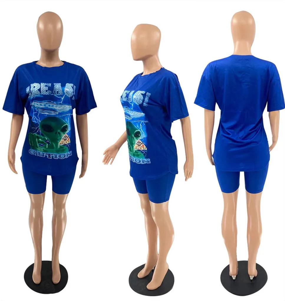 

Cartoon Letter Printing Two-Piece Women's Round Neck Short-Sleeved T-Shirt + Shorts With Fashionable Casual Shorts Suit 2021 New