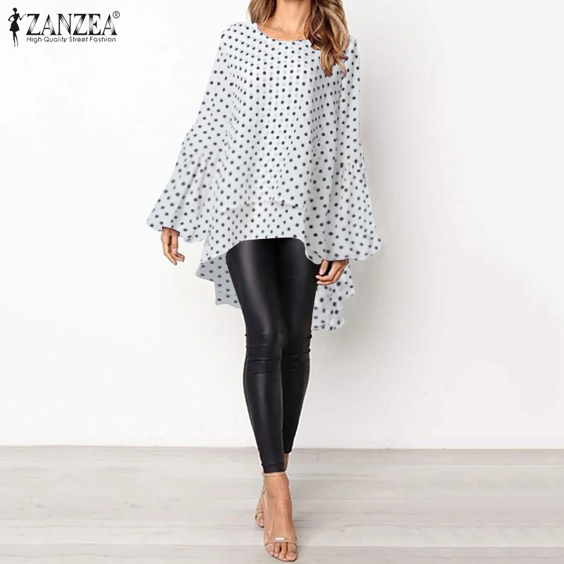 B White Polka Dot Модные топы с пышными рукавами, Женская Асимметричная блузка,, ZANZEA, Элегантные повседневные Многослойные блузы, женские блузки размера плюс, туника - Цвет: B White Polka Dot