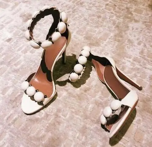 

Hottest Women White Button Studded Sandals Pyramid Studs Embellished High Heels Pom Pom Stiletto Heels Pumps Summer Dress Shoes