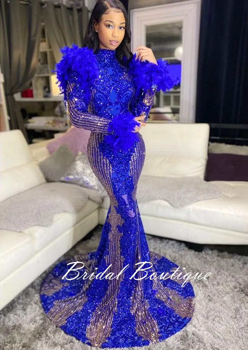 

Sexy Sequins Feathers Royal Blue Prom Dress 2022 Long Sleeve Mermaid Black Girls Birthday Party Sparkly Evening Gown Robe De Bal