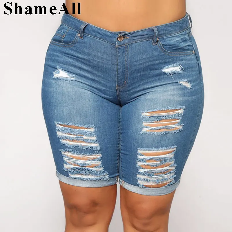 Женские джинсовые шорты размера плюс с рваными дырками летние повседневные