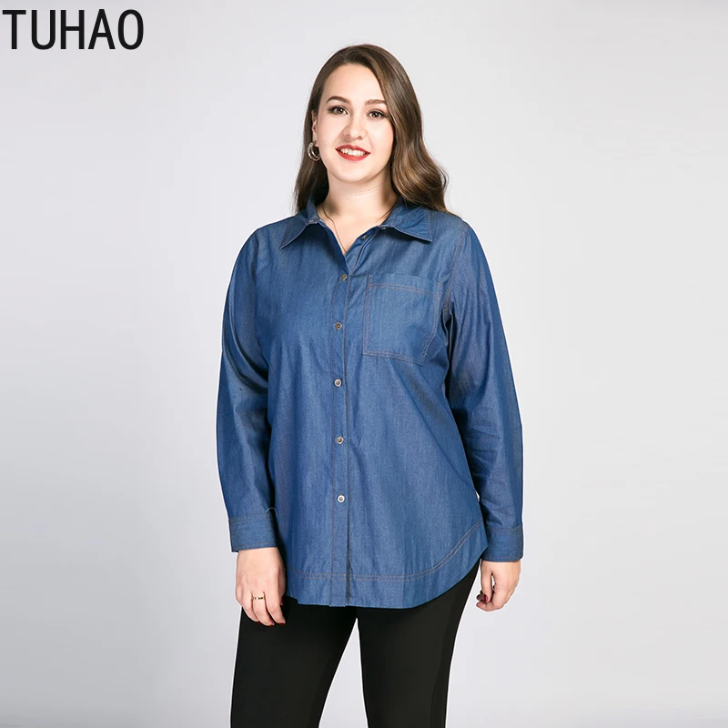 Женская джинсовая рубашка TUHAO голубая блузка с длинным рукавом 2020 8XL 7XL 6XL 5XL для