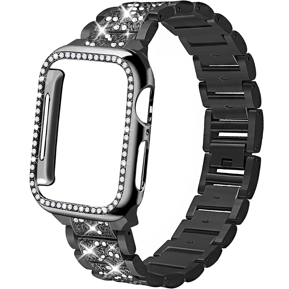 Ремешок и чехол для Apple Watch 40 мм 44 38 42 браслет из нержавеющей стали с бриллиантами