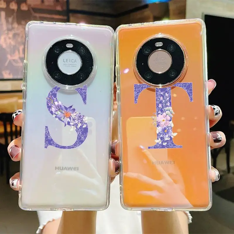 

Initial Letter Retro Purple Flower Phone Case For Huawei P 20 30 40 pro lite Psmart2019 Honor 8 10 20 Y5 6 2019 Nova3E