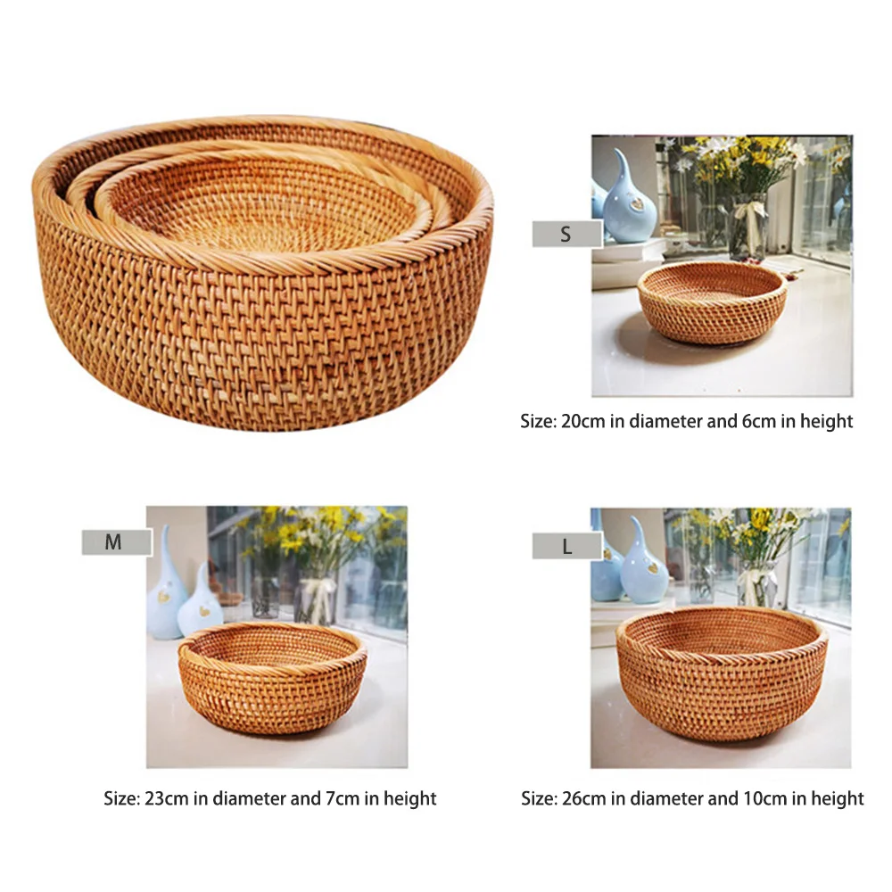 

Wicker Rattan Fruit Basket Snack Bread Basket Round Woven Basket Weaving Food Tray Storage Holder Dinning Room Bowl