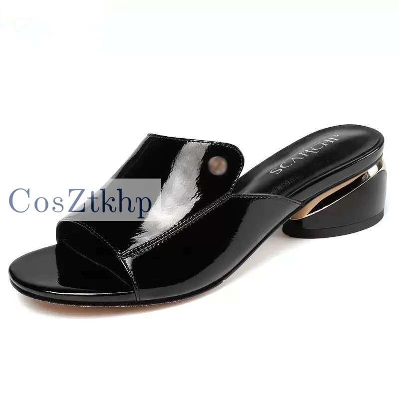

Red Sexy PU Soft Patent Leather Sewing Fish Mouth Slippers Open Toes Hoof Heels Slides Shoes Designer Non-Slip Sandals Plus Size
