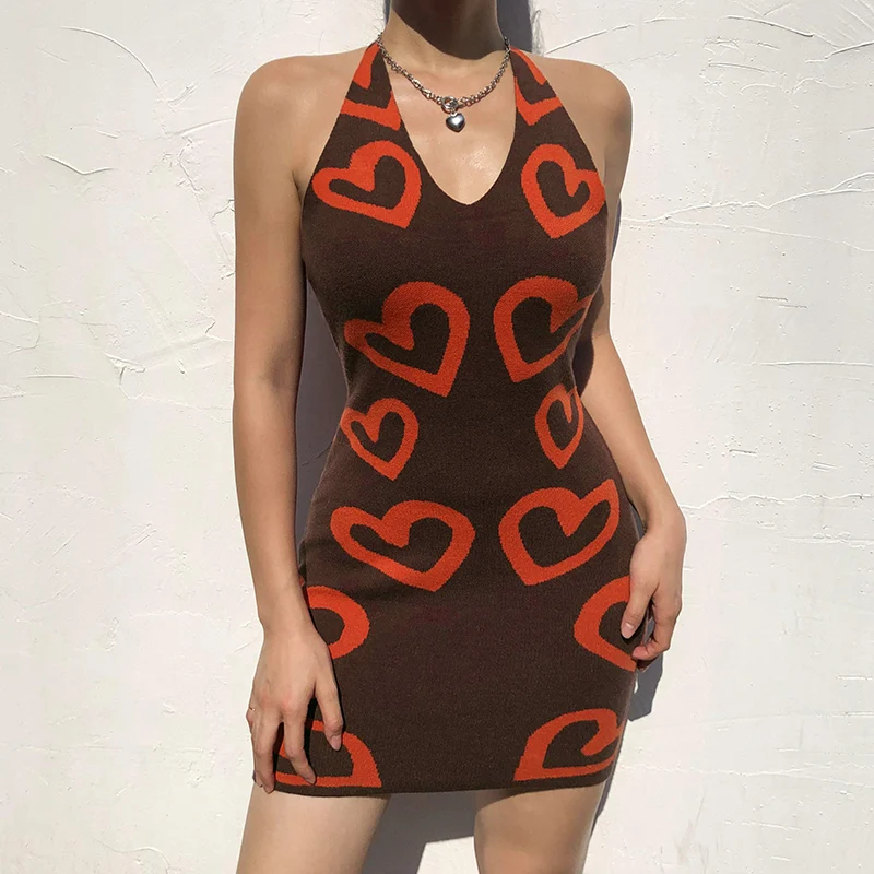 

Streetwear Backless Knitted Mini Wrap Dress Women Summer Sleeveless Heart Print Halter Bodycon Short Dress Ladies Fashion Autumn