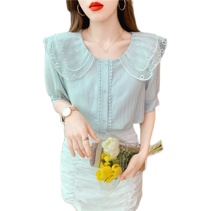 

Korean Academy style 2021 summer new fashion doll face loose Chiffon fairy temperament short sleeve shirt