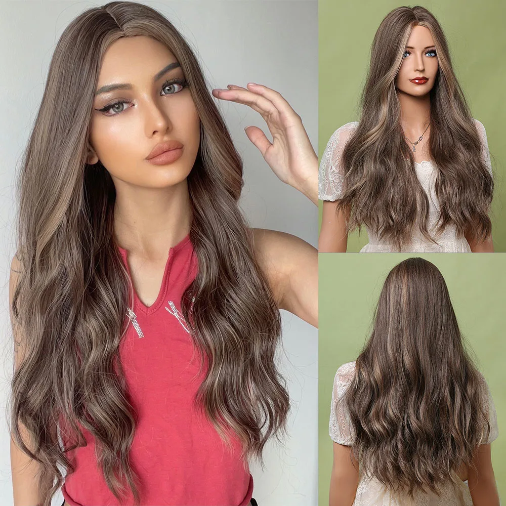 

HENRY MARGU Ombre Brown Ash Blonde Middle Part Long Wavy Wigs Natural Wave Synthetic Hair Wig Cosplay Fake Hair Heat Resistant