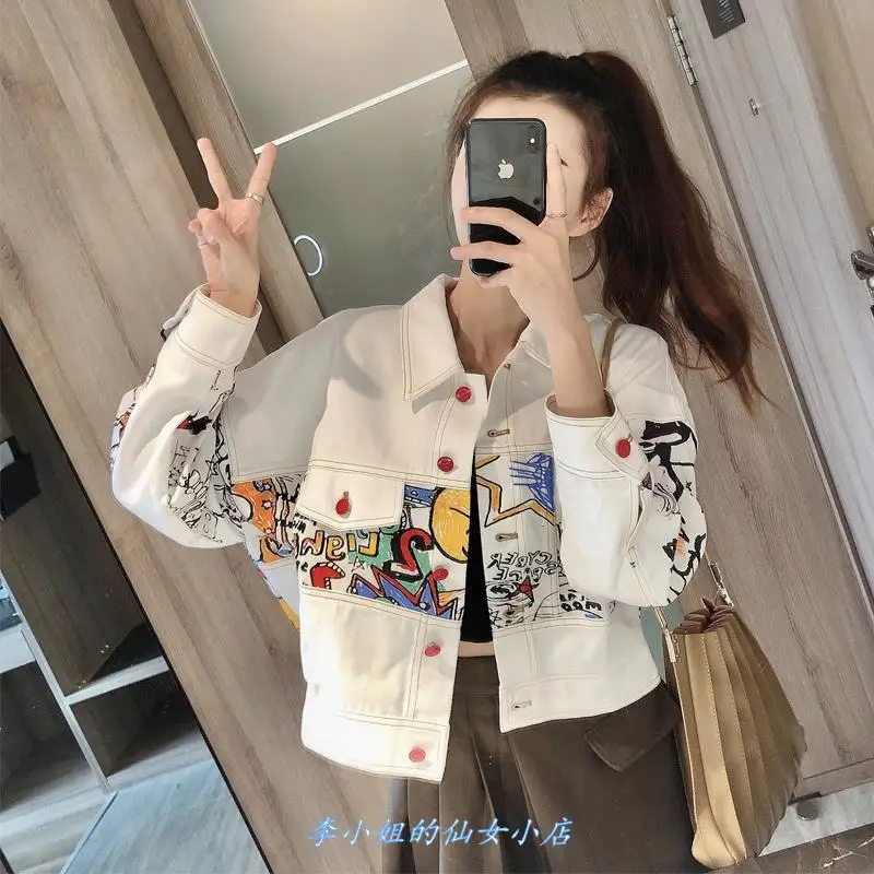 

Women's Denim Jean Jackets Spring 2021 Cartoon Printing Streetwear Harajuku Za Vintage Clothing Loose Short Coat Basic Outwear