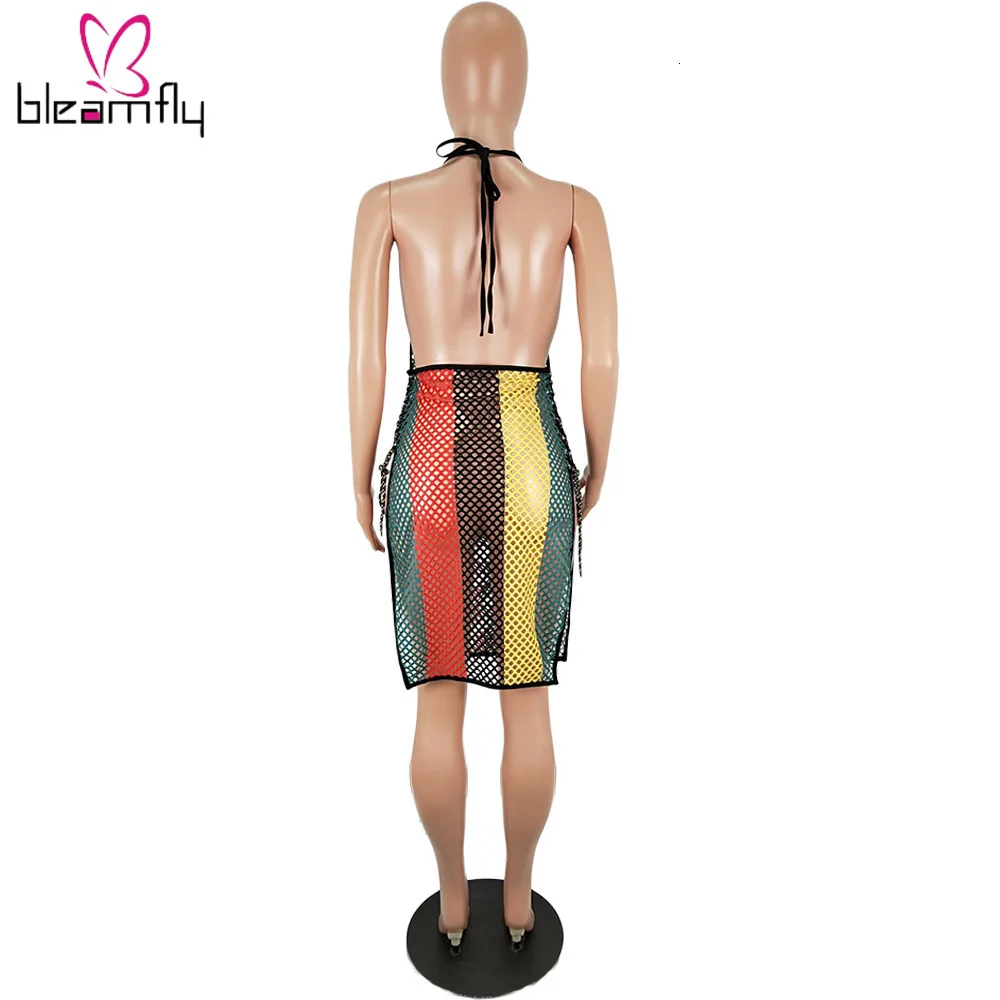 Новинка женское летнее платье в радужную полоску Сетчатое с вырезами на шнуровке