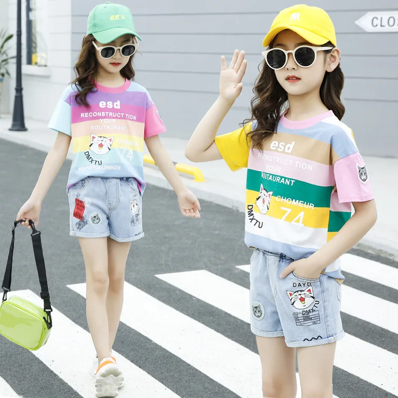 3 6 10 14 New Teenage Girls Clothing Sets Summer Toddler Kids Clothes T-shirt Jeans 2pcs Outfits Children Tracksuit Suit | Детская