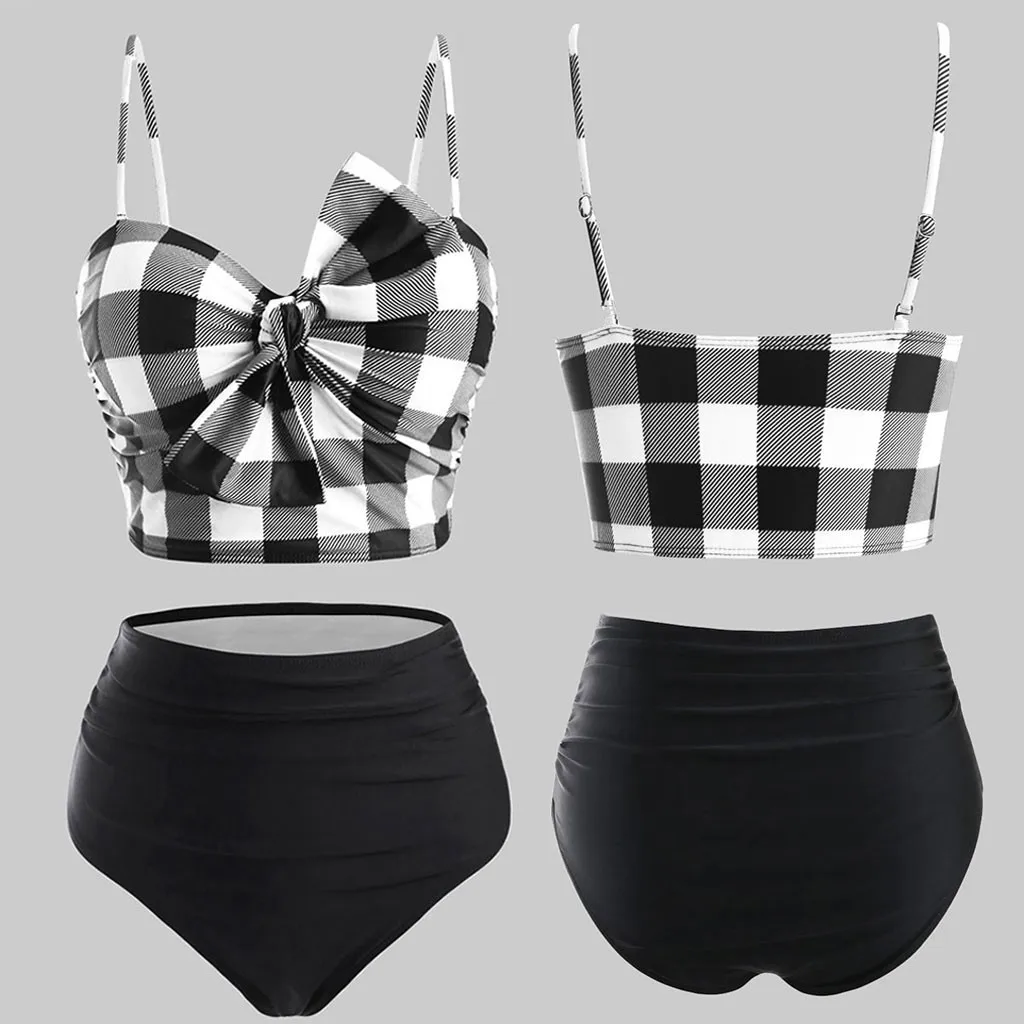 

Plus Size Plaid Bikini Set Women High Waist Push Up Beach Swimwear Retro Bowknot Tankini Swimsuit Bathing Suit Biquini Mujer