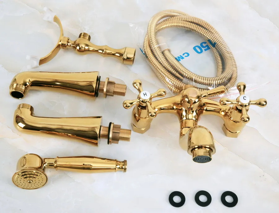 

Polished Gold Color Brass Deck Mounted ClawFoot Bathroom Tub Faucet Dual Cross Handles Telephone Style Hand Shower Head ana145