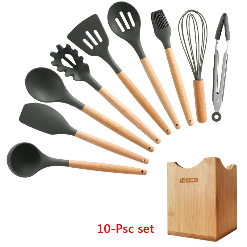 10-Pcs kitchen set 11-13 шт Силиконовая кухонная утварь набор кухонной утвари антипригарный шпатель Премиум деревянная ручка с ящиком для хранения кухонные инструменты - Цвет: 10-Pcs kitchen set
