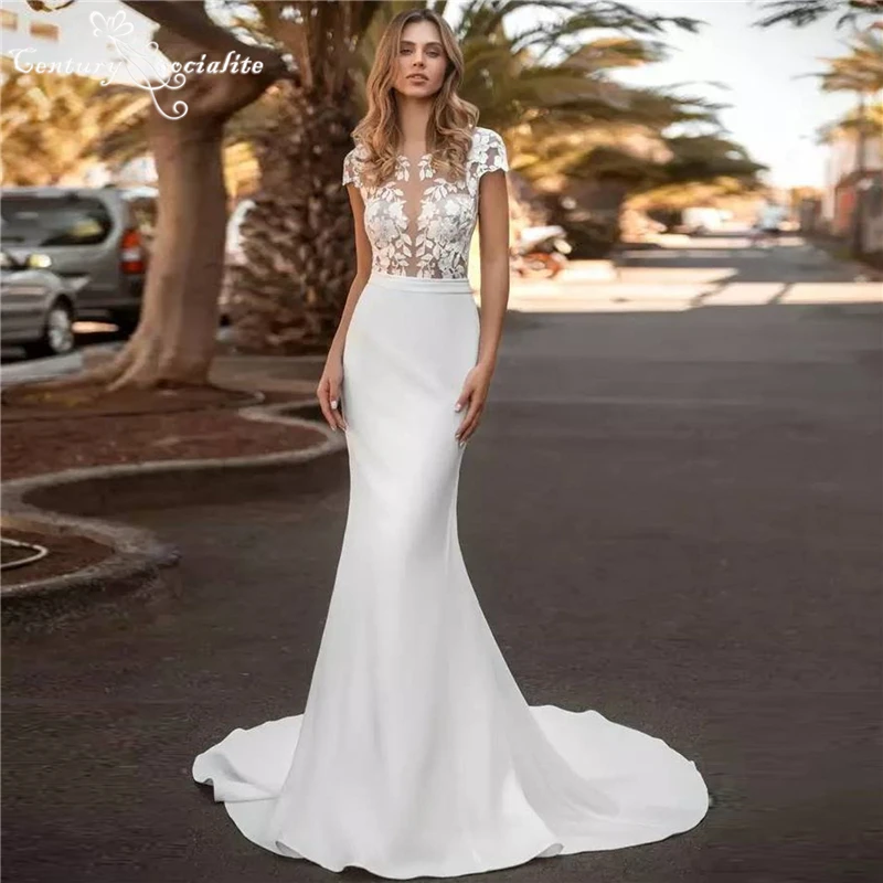 

Boho Wedding Dresses Mermaid Bridal Dress Lace Appliques Button Back Short Sleeve Bohemian Bride Gowns Beach Vestido De Noiva