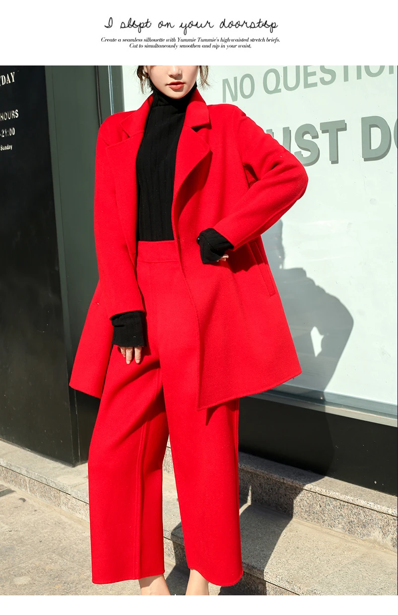 autumn and winter coat pants two sets of women cashmere short coat fashion sexy red cashmere party women's clothing