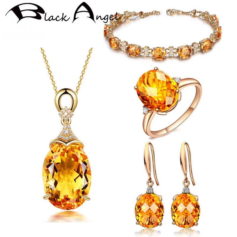 

BLACK ANGEL 2020 New Fashion Jewelry Set Luxury Citrine Drop Earrings Necklace Bracelet Adjustable Ring for Women Dropshipping