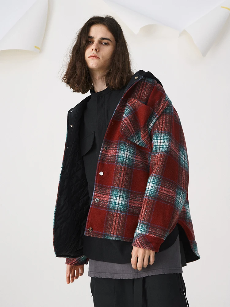 UNCLEDONJM Men Harajuku Plaid Hooded Jackets Fake two pieces Autumn Thick Streetwear Korean Fashion with Hood OV9398 | Мужская одежда