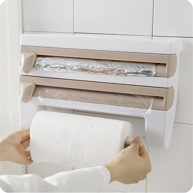 

2021 Wall-Mount Paper Towel Holder Sauce Bottle Rack 4 In 1 Cling Film Cutting Holder Mutifunction Kitchen Organizer