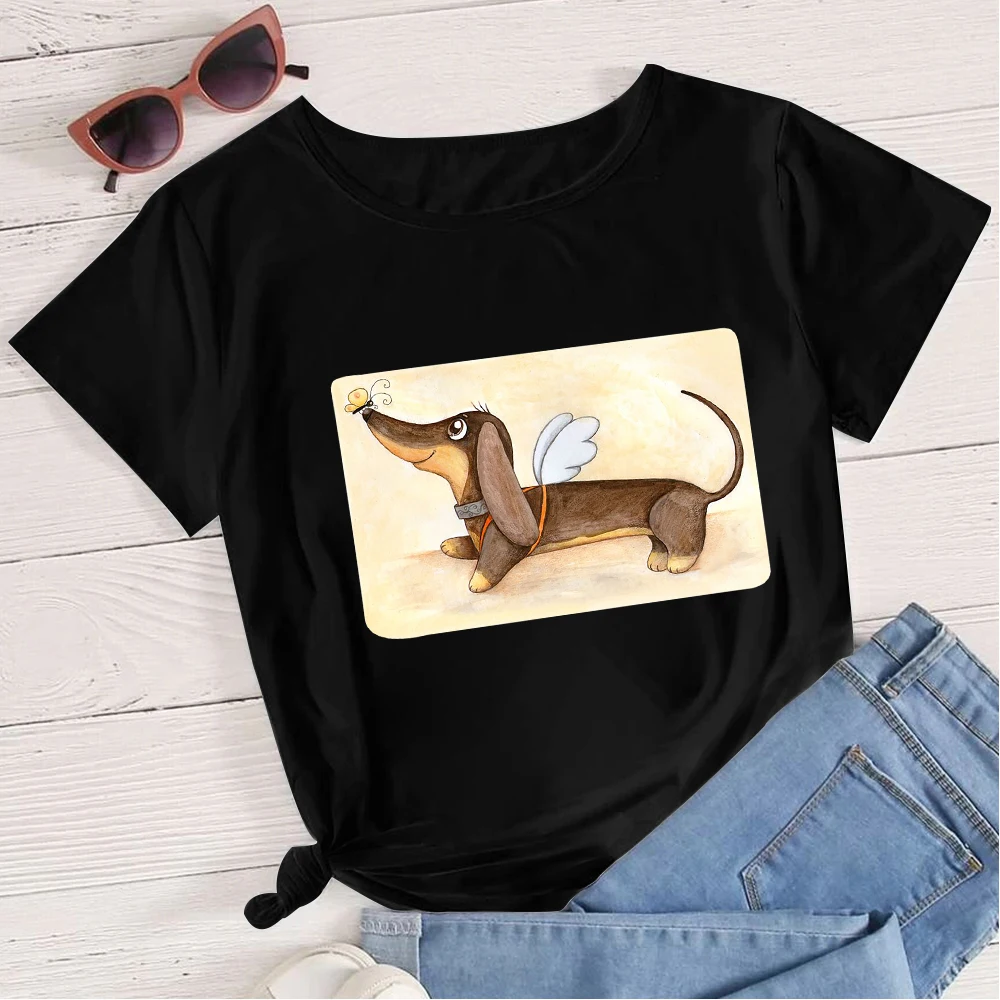 

Angel Dachshund Kawaii Cartoon Teens T-Shirts Young Happy Black Tops Multicolor Tee shirt Women Fashion футболка женская