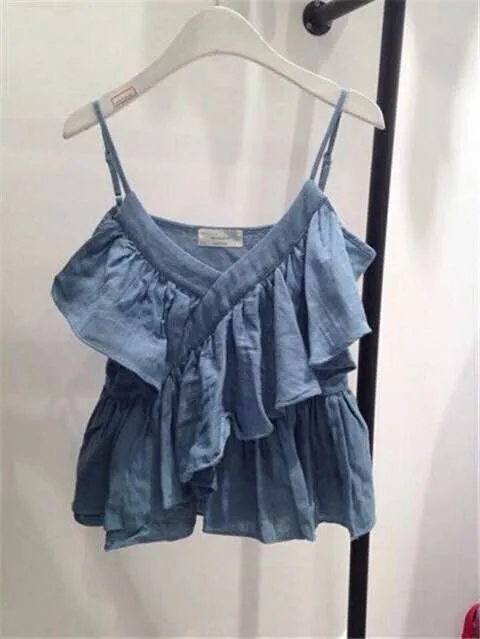 

Summer new product pure color falbala condole top women feeling joker show thin students wear sleeveless straps outside