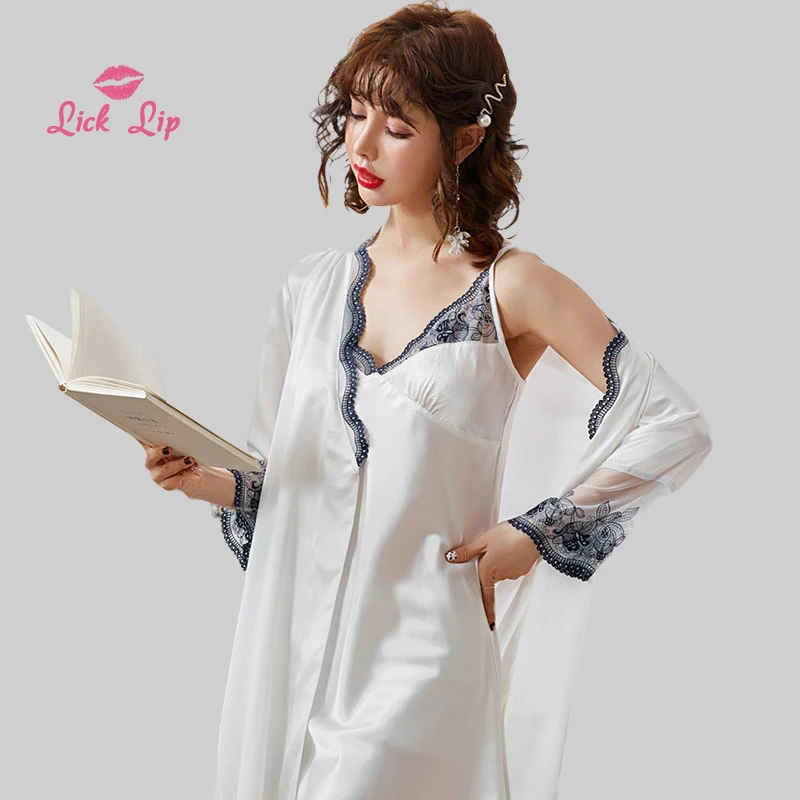 

Пижама женская шелковая, с V-образным вырезом и кружевом, осенняя, SWD12512-30