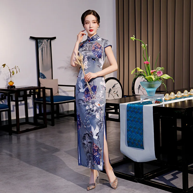 

FZSLCYIYI Chinese Traditional Woman Daily Short Sleeve Cheongsam Elegant Slim Flower Crane Printed Satin Long Qipao Oversize 4XL