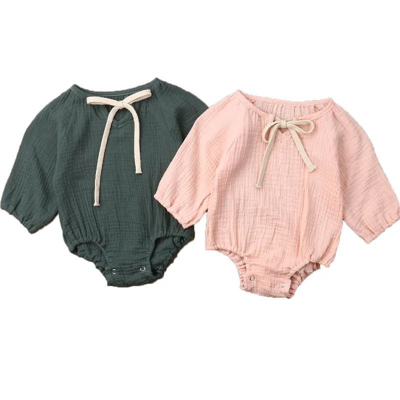 

Pudcoco US Stock 0-24M Newborn Infant Baby Girl Outfits Clothes Cotton Linen Solid Long Sleeve Bodysuit Jumpsuit