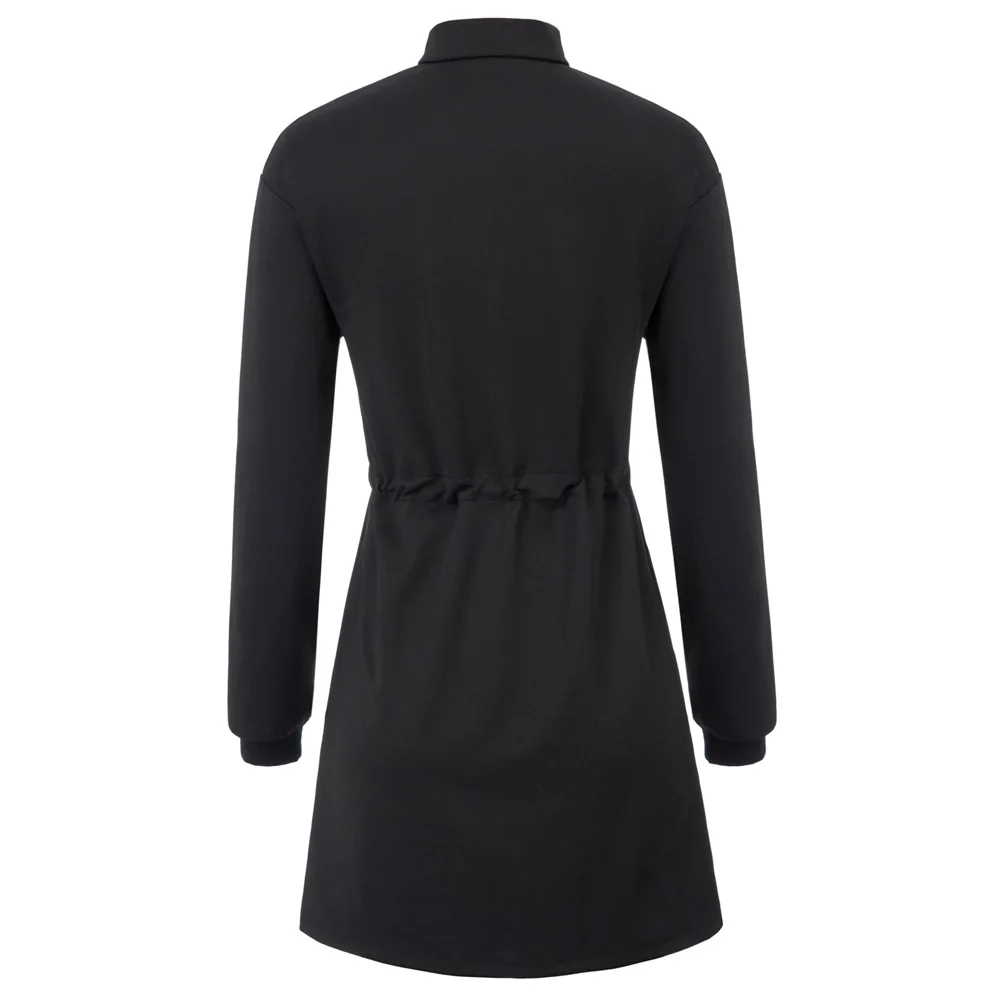 Liumilac Для женщин черные на шнурке приталенное платье с длинным рукавом воротником