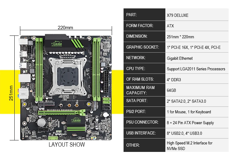 Материнская плата JINGSHA X79 сокет LGA 2011 четыре канала 4 * DDR3 ECC REG ОЗУ до 64 Гб поддержка