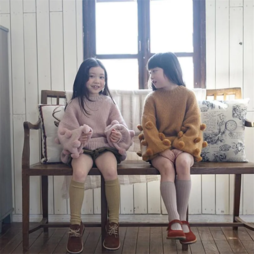 

Girls Sweater Autumn Winter Woolen Children Sweaters For Girl Handmade Pompom Girls Pullovers Tops Knitwear Kids Toddler Sweater