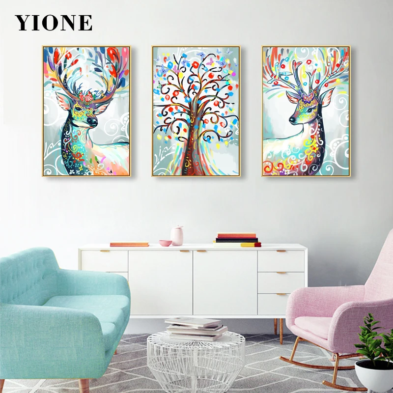 

Colorful Sika Deer Tree Oil Paintings Abstract Graffiti Animal Art Posters and Prints Canvas Pictures for Living Room Wall Decor