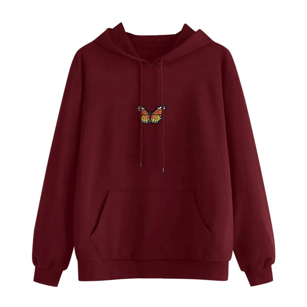 Women Butterfly Sweatshirt Long Sleeve Pocket Pullover Hoodie Tunic Top Blouse Las Mujeres Sweetshirts Спортивный Костюм Женск