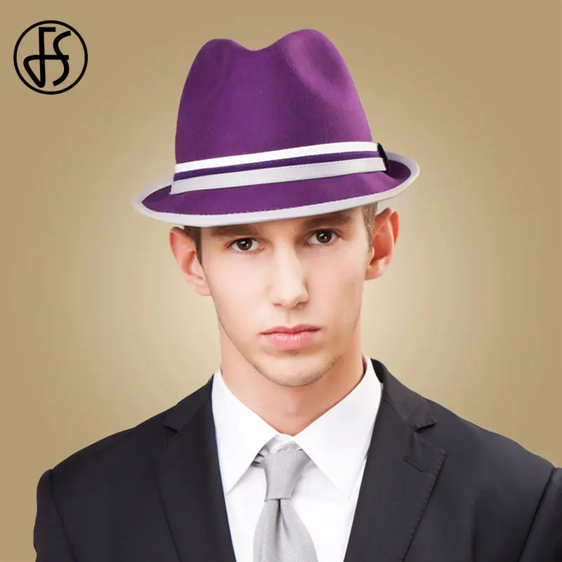FS фиолетовый топ шляпа для мужчин Шерсть фетровая джаз шляпы с широкими полями