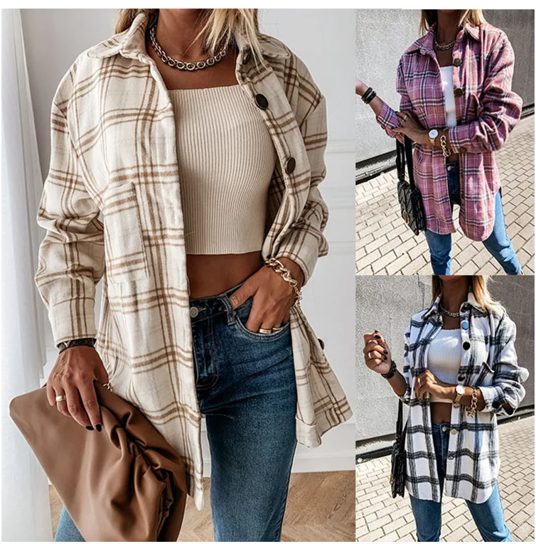 

Куртка женская клетчатая с длинным рукавом, модный пиджак свободного кроя в винтажном стиле, элегантная рубашка, уличная одежда