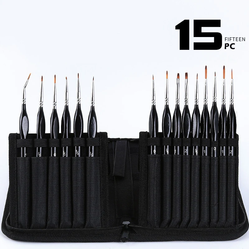 

Black Oil Painting Brush Set Watercolor gouache Draw Hook line pen Fan shap Pen 15pcs angle head Nylon hair Short pole art Bag