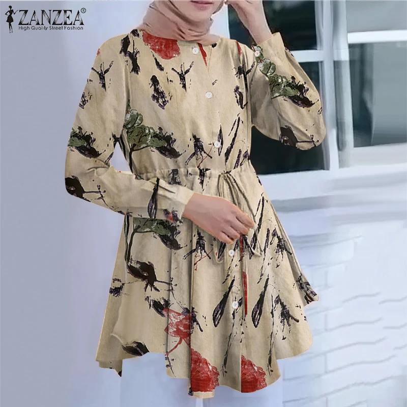 

Женская винтажная рубашка ZANZEA с цветочным принтом, мусульманская рубашка, богемные топы, туника, повседневные блузы, мусульманская юбка, хи...