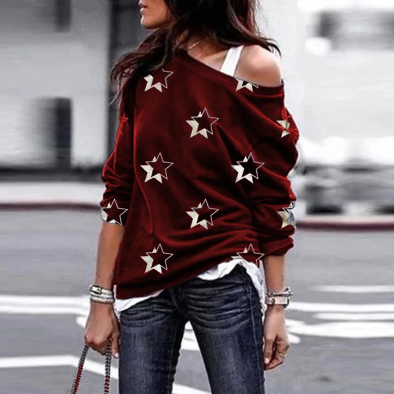 

2020 New Autumn and Winter Women Fashion Long Sleeve Star Printed Off Shoulder Tops Casual Loose Pullovers Coats Plus Size