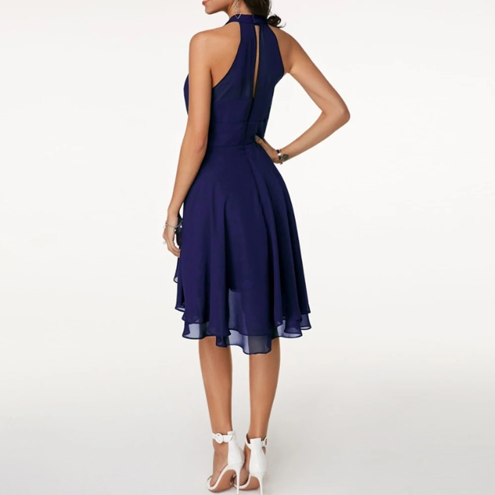 

Women Summer Dress Elegant Halter Sleeveless Solid Color Party Dresses High Waist Irregular Hem Chiffon Dress Slim Midi Dress