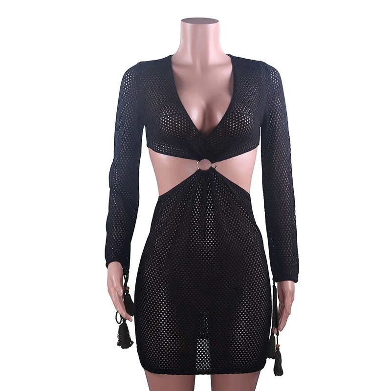 

2021 new women's sexy knitting crochet hollowed out V-Neck long sleeve beach solid tassel waist back Beach Dress summer skirt